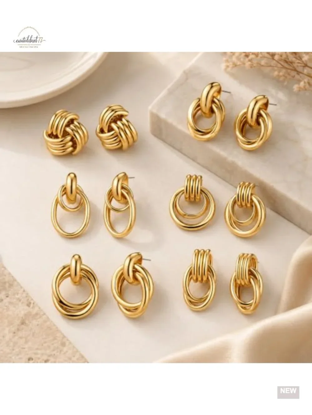 6 Pairs Gold Dangle Earrings, Chunky Geometric Knot Drop Statement Lightweight